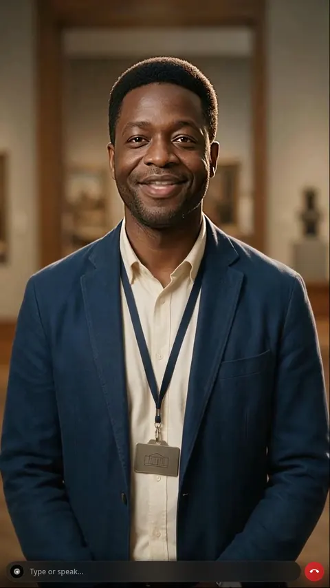 The kwame-warm-museum-guide avatar answering a visitor, full screen in Chrome on a Linux PC, from bithuman run