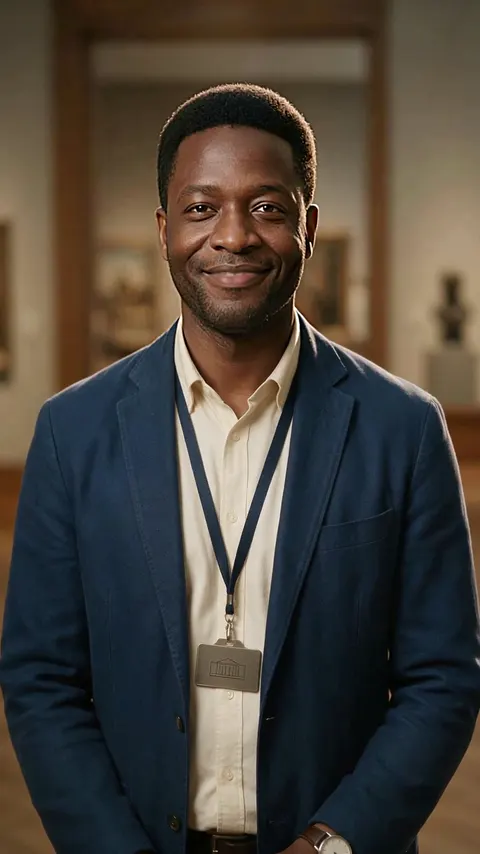 The kwame-warm-museum-guide avatar in a talking video, rendered from one audio file by bithuman render on a Linux PC