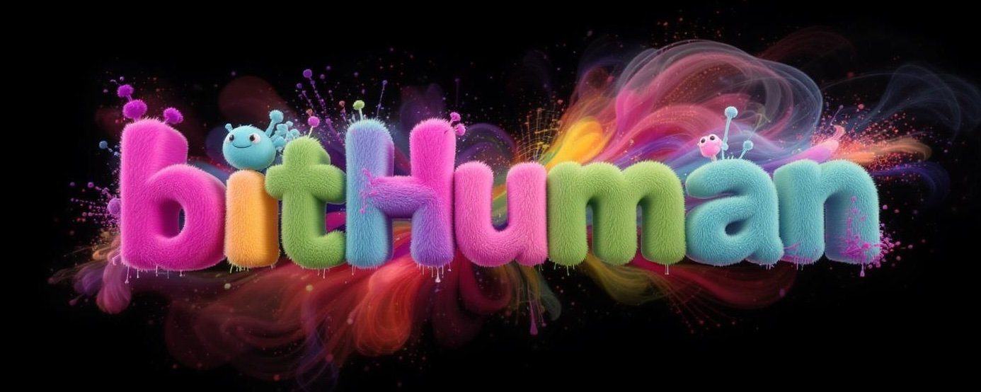 The word bitHuman spelled in furry, colourful letters with small cartoon creatures
